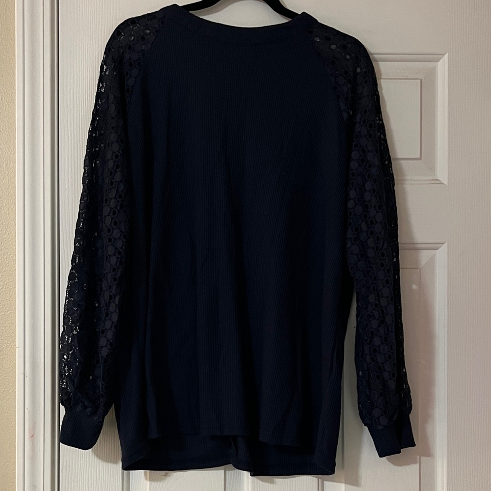 Chic Navy Lace Sleeve Blouse